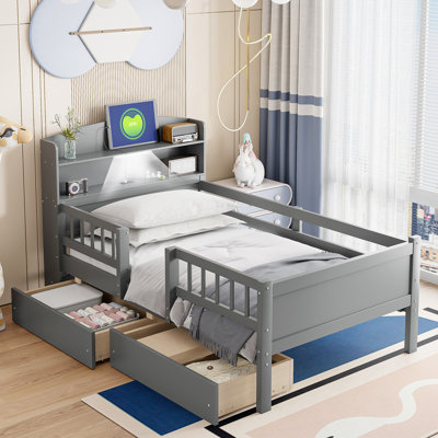 Lit plateforme simple en bois avec éclairage à DEL intégré, tête de lit multifonctionnelle, garde-corps et 2 tiroirs, gris