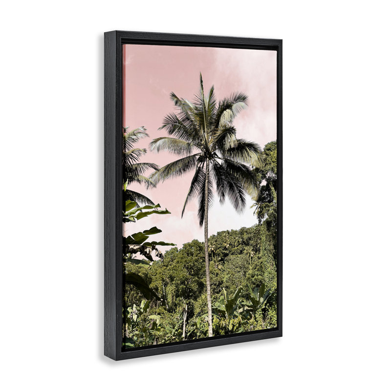 Palmier forêt tropicale sur cadre flottant rose, design par Natalie Carpentieri, H 25 po x l 17 po