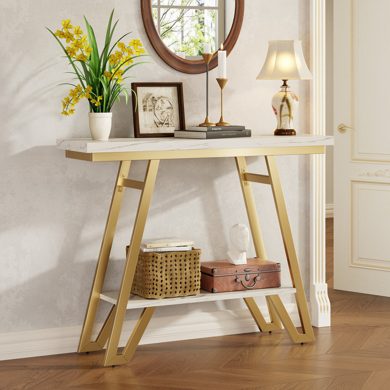 40.5" Narrow Industrial Console Table, 2-Tier Metal Frame ,Golden White, White/Golden