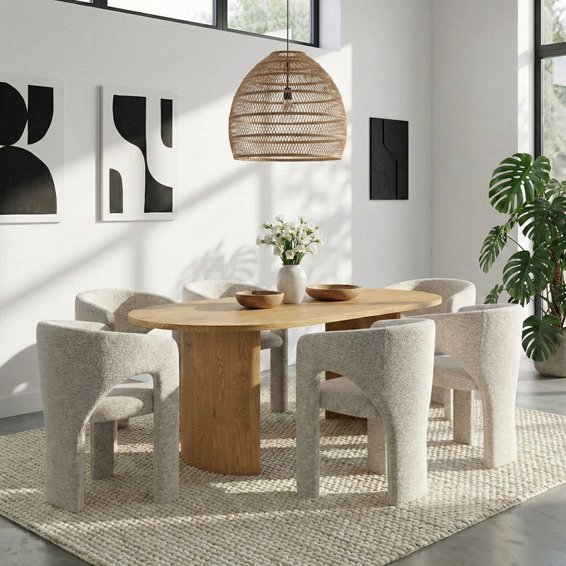7-Piece Modern Dining Set With 79" Oval Pedestal Table & 6 Sculptural Upholstered Arm Chairs, Oak