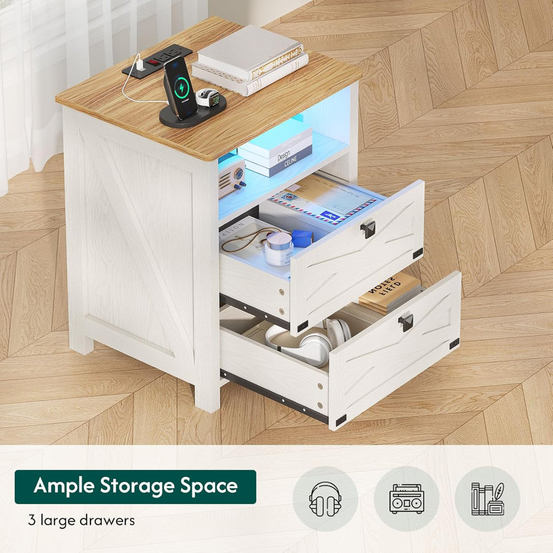 Table de chevet pour chambre à coucher avec station de charge et lumière DEL, table de chevet avec 2 tiroirs et rangement ouvert, blanc rétro rustique