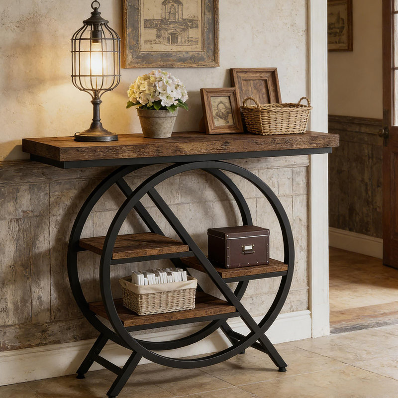 Console chic et fonctionnelle avec tablettes décalées, idéale pour les vestibules modernes et les salons.