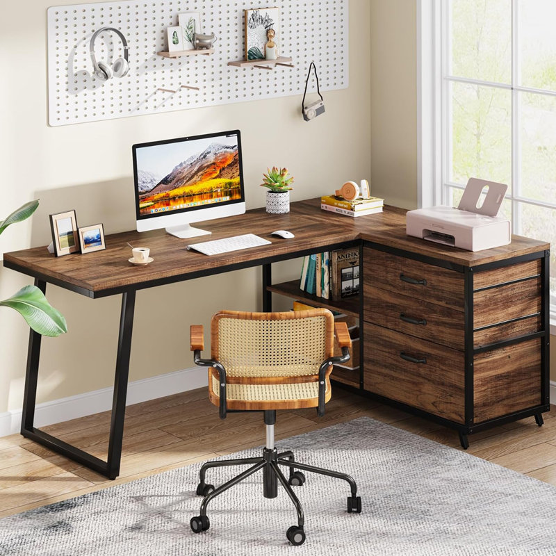 Bureau d'ordinateur en L réversible de 53 pouces avec tiroirs et tablettes, poste de travail industriel à domicile pour petits espaces, brun rustique