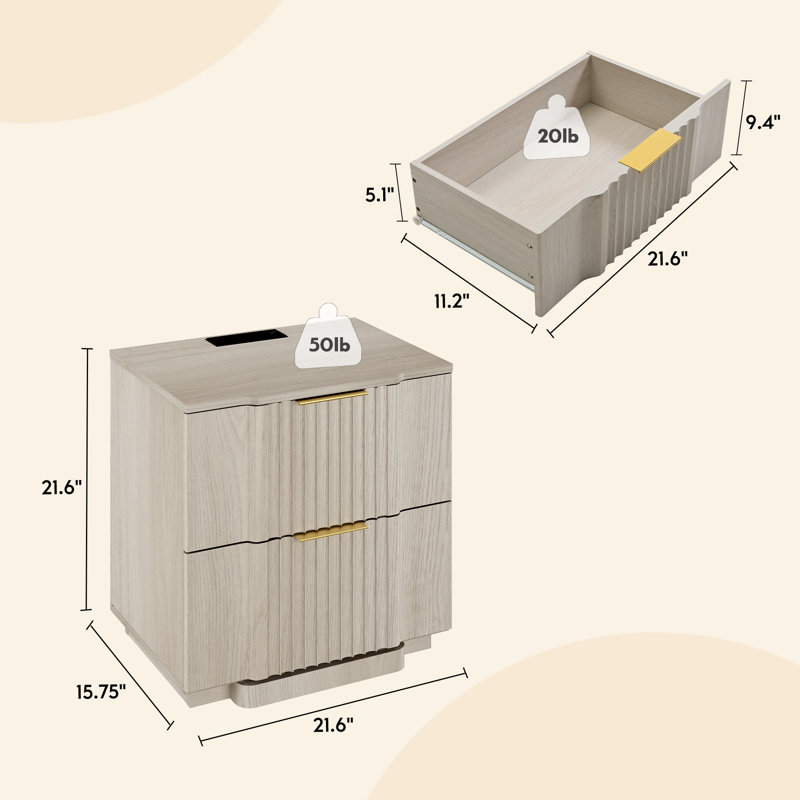 Designer Modern Minimalist Style 2-drawer Fluted Panel Nightstand With Charging Station（set Of 2）, White