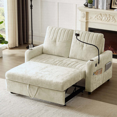 53.9" Modern Sleeper Loveseat With Adjustable Backrest, 3 Charging Ports, Cup Holders & Storage
