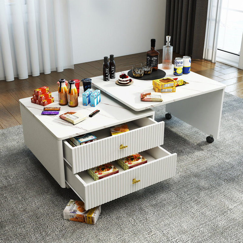Table basse extensible avec rangement, table de salon réversible à 2 tiroirs et à 6 roulettes