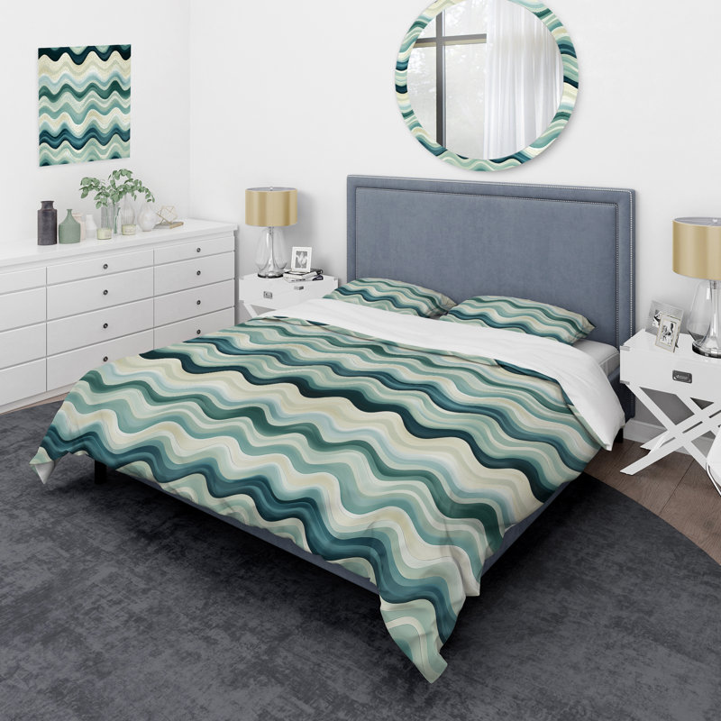 Ensemble de housse de couette Green Serene Seashore Chevron Waves I, Housse de couette simple + 1 taie décorative stan