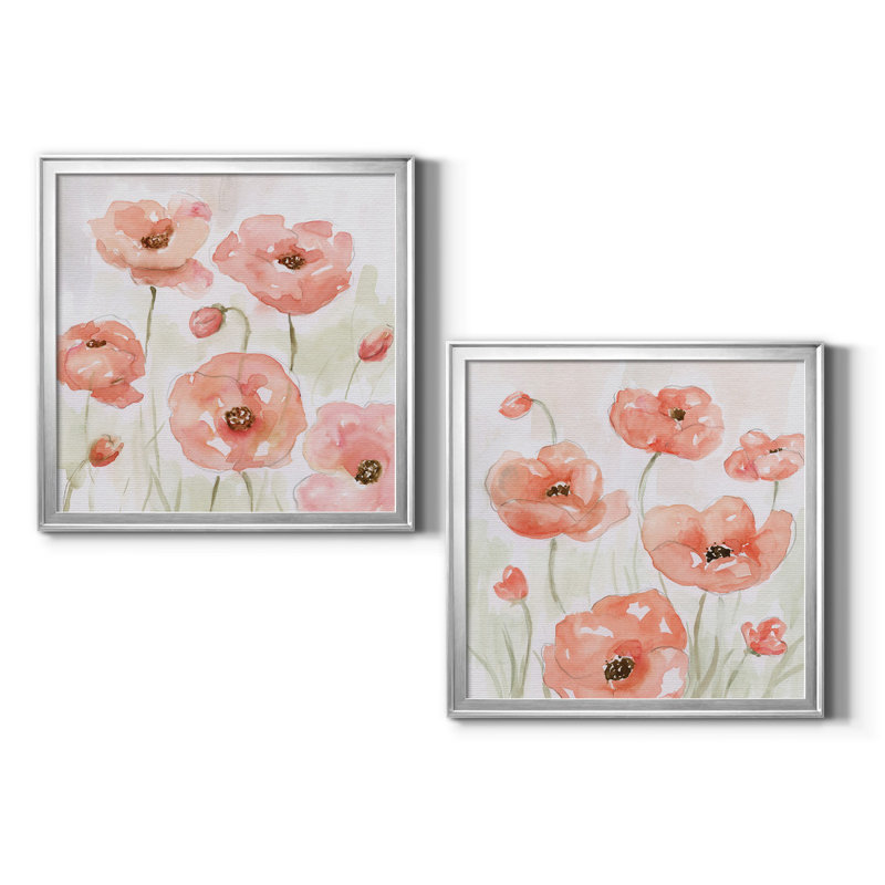 Spring Poppies I - Peinture encadrée sur papier, Pas de tapis, H 34,5 po x l 69 po x P 1,5 po, Papier avec cadre argenté