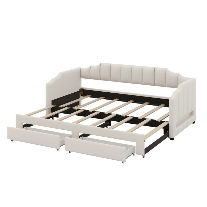 Daybed With Storage Drawers & Pop Up Trundle, Upholstered Extendable Daybed With LED Lights, Beige