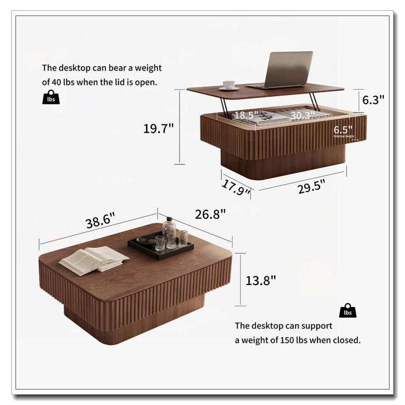 Lift-top Coffee Table with Storage and Adjustable Height, Walnut