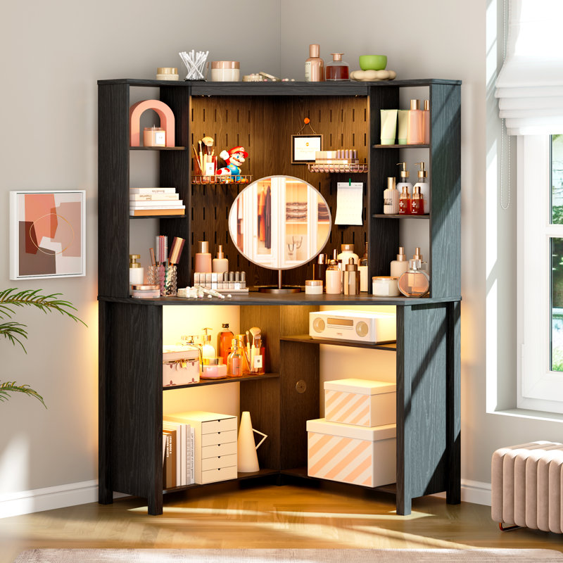 35"× 35" - Pentagonal Corner Computer Desk With Usb Ports, Adjustable Led Lighting, And 9 Layers Of Open Storage Space, Featuring A Perforated Back Panel Design
