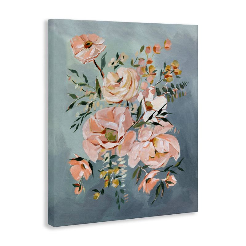 Roses brossées sur toile bleue, conception par Annie Quigley, H 20 po x l 16 po