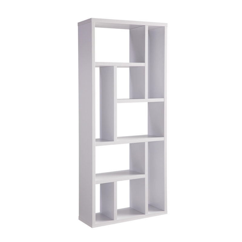 Bibliothèque contemporaine à neuf tablettes avec présentoir ouvert, parfaite pour le rangement organisé et la décoration moderne.