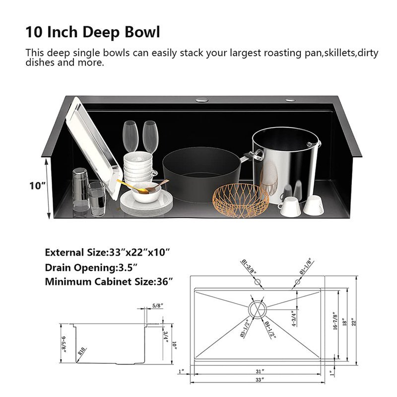 Évier de cuisine encastré à cuve simple en acier inoxydable à rayon de travail R10 de 33 po avec station intégrée et accessoires (lot de 5) - 33 po x 22 po x 10 po