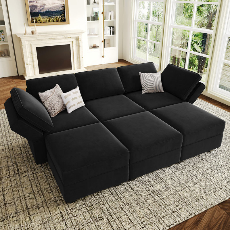 Teangela Velvet Sectional Sofa Living Room Couch Apartment Storage Modular Sofa Bed, Black Velvet