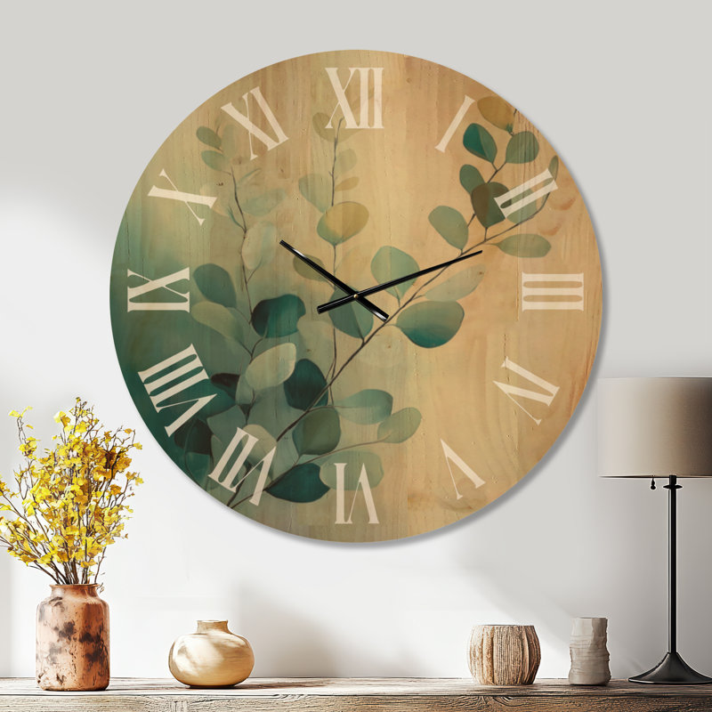 Brins d'eucalyptus côtiers II - Horloge murale ronde de style ferme, impression sur bois, Extra Large