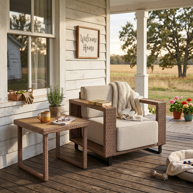 2-Piece Patio Rattan Wicker Armchair with Table