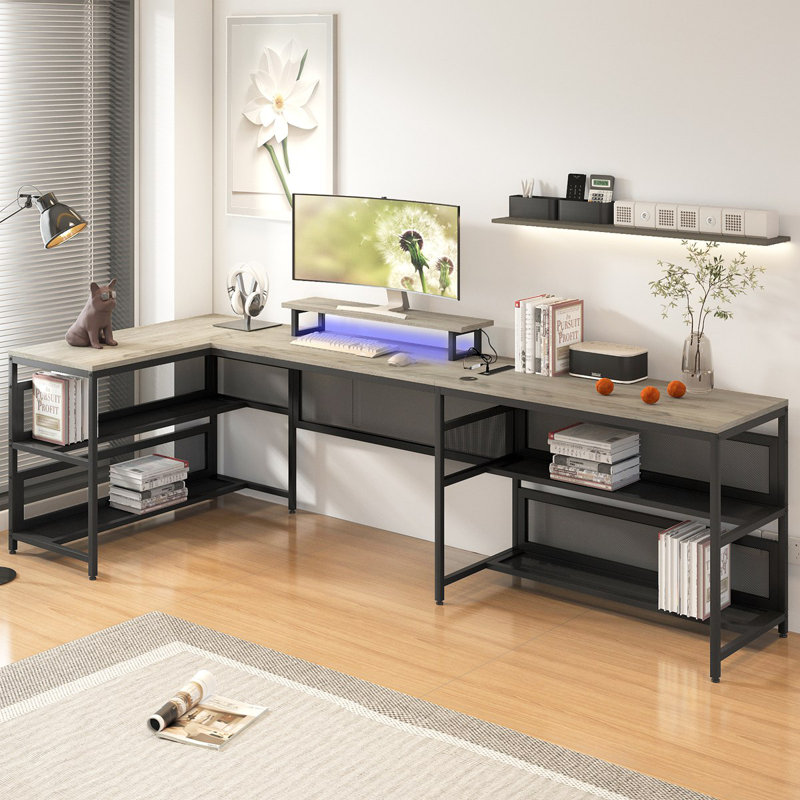 Bureau en forme de U avec prises de courant et support à bande et moniteur à DEL, bureau en forme de L avec tablette de rangement, bureau de jeu pour bureau personnel