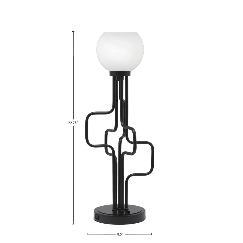 Lampe d'appoint Amarmula, avec ports USB, finition noir mat, verre marbré blanc de 5,75 po, Noir, Blanc