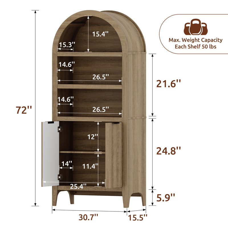 Shazier 5 Tiers 72" Arched with Fluted Doors Bookcase, Cabinet Floor Standing Bookshelf, Oak