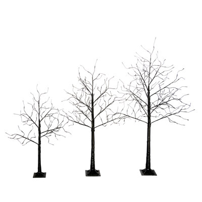 3 Artificial Trees With Purple Lights - 4ft, 5ft, 6ft Black For Indoor Haunted House Decor, Fire Retardant Vinyl Tree Lighting Mysterious Centerpieces, Protected Material