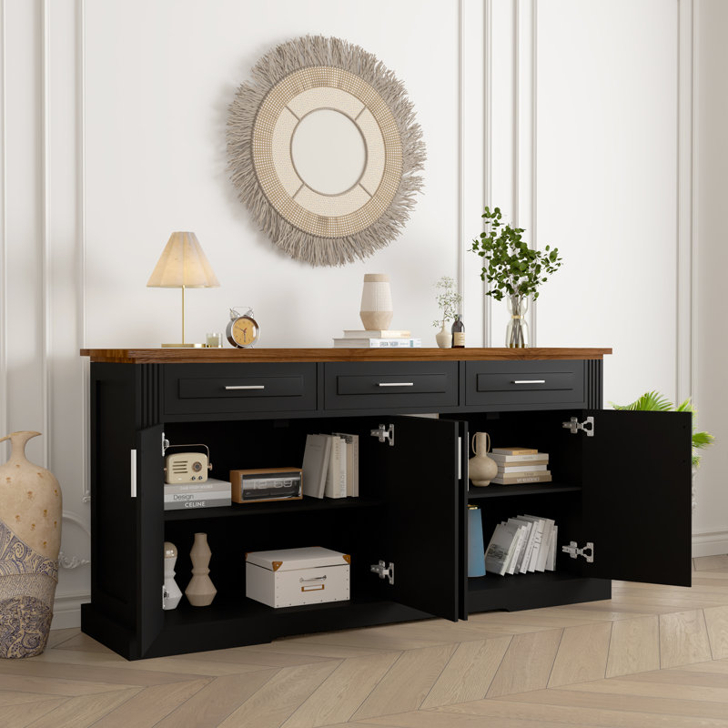 Buffet 63 "à conception cannelée avec 4 portes et 3 tiroirs, Noir