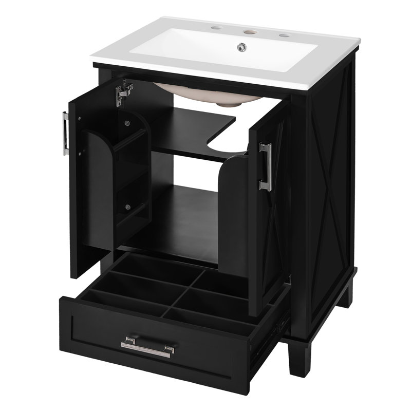 Meuble-lavabo de 24 po avec lavabo en céramique, rangement intelligent, poignées en alliage d'aluminium et portes à fermeture en douceur silencieuses, tiroir spacieux, portes doubles, fabrication en bois massif durable