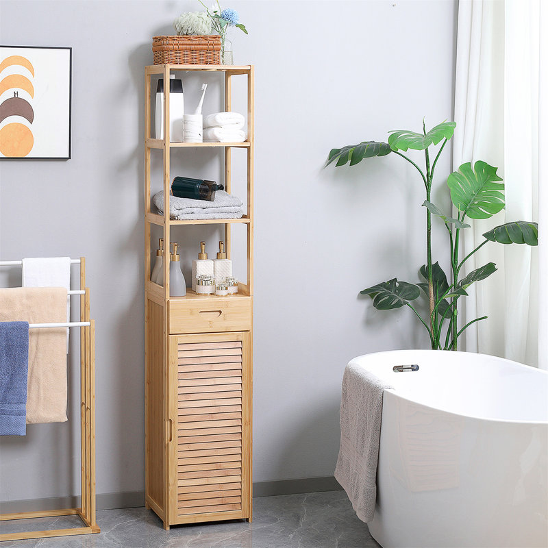 Kleankin Tall Bathroom Cabinet With Drawer And Slatted Shelves, Slim Bamboo Linen Tower With Louvered Door