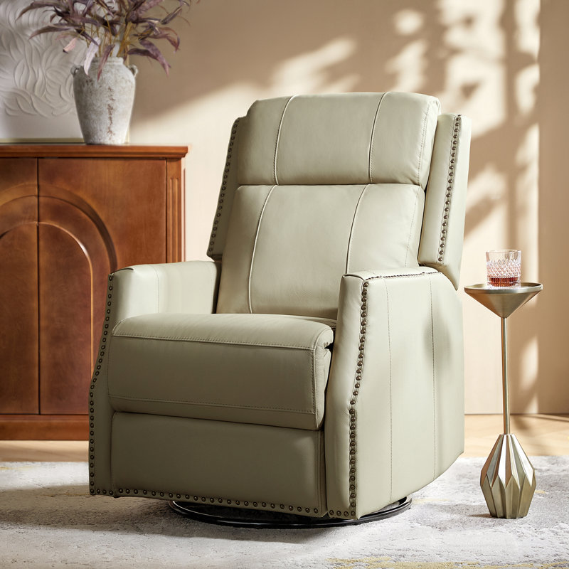 Elimelec Genuine Leather Manual Swivel Recliner, Beige
