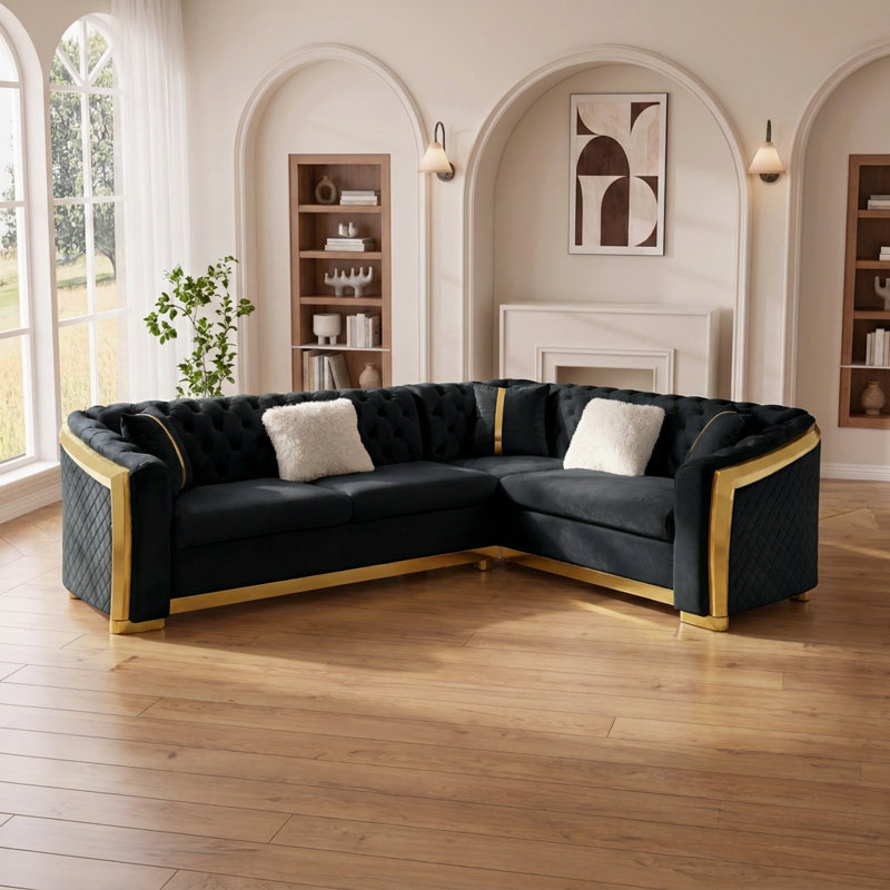 Canapé modulaire en forme de L 106 po Chesterfield avec détails dorés, capitonnage et 5 coussins décoratifs, Black