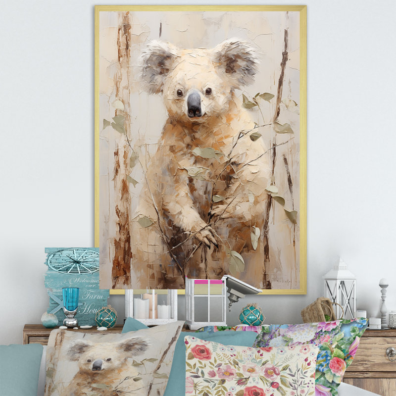 Koala douillet qui grimpe sur toile, Encadrement doré, H 40 po x l 30 po x P 1,5 po