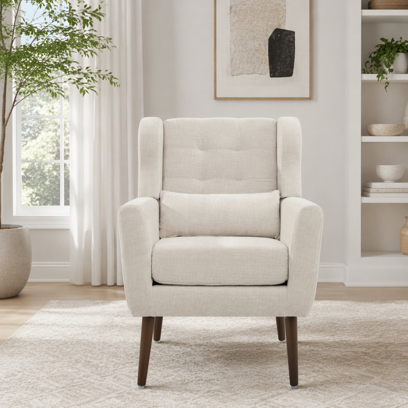 Chaise d'appoint en chenille beige moderne avec pieds en bois, Chenille beige