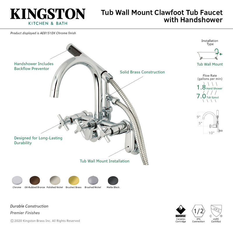 Kingston Brass Concord Three-Handle 2-Hole Tub Wall Mount Clawfoot Tub Faucet with Hand Shower, Matte Black