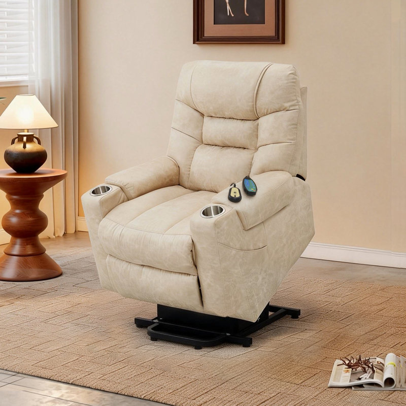 Roxy Electric Power Lift Recliner Chair With Heating & Massage, Ivory Leather Aire Upholstered, Remote Control, Cup Holders & Side Storage