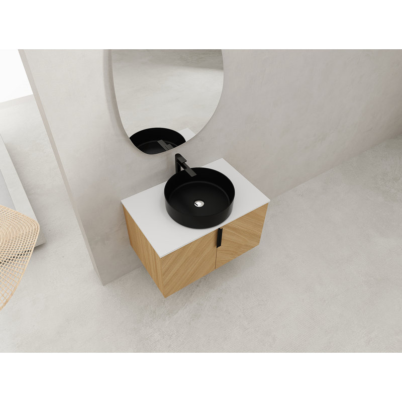 Meuble-lavabo mural avec lavabo d'art en céramique et dalle de pierre artificielle, portes à fermeture en douceur, fabrication en contreplaqué pour un assemblage facile et durable