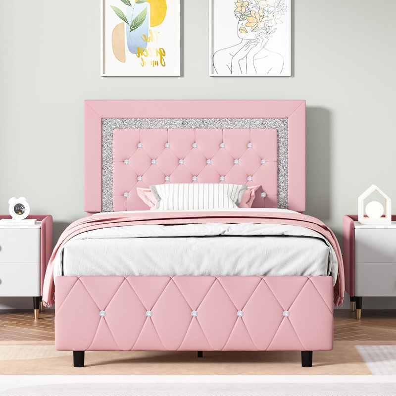 Ensemble de lit plateforme en similicuir Alber, Lit simple, Rose/Blanc