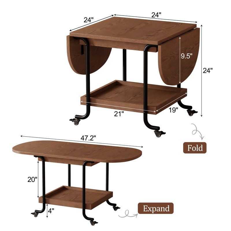 Convertible Drop-Leaf Expandable Coffee Table with Curved Metal Locking Caster Base in  Fir Core Wood |  Double-Tier Storage Rolling Center Table for Small Apartment & Living Room