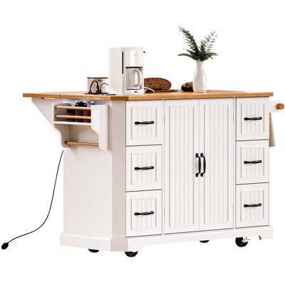56 Inch Kitchen Island With Drop Leaf, Power Outlet, And Spacious Storage On Wheels, Perfect For Modern And Rustic Kitchens