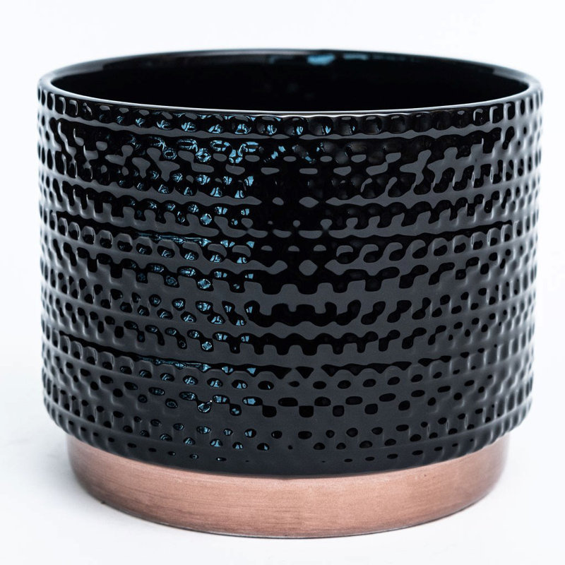 Boîte à fleurs noire émaillée avec base en cuivre, H 5,5 po x l 6,7 po x P 6,7 po