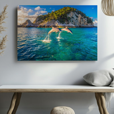 Toile, une scène tropicale vibrante avec deux dauphins sautant gracieusement au-dessus de l'art mural