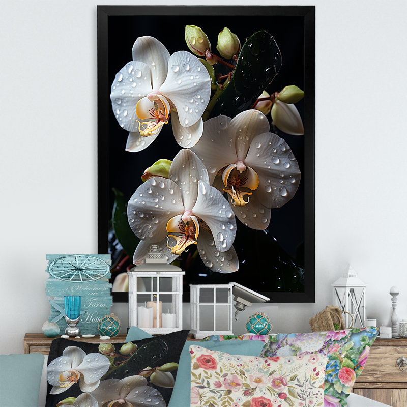 Orchidées blanches pétales d'élégance I, H 32 po x l 24 po x P 1 po, Cadre simple noir