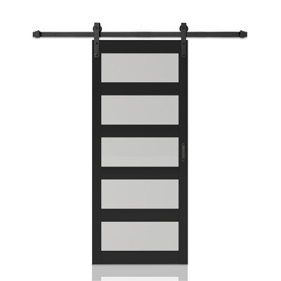 36 po X 84 po Porte de grange coulissante intérieure 5 pièces en verre trempé givré noir avec ensemble de quincaillerie 5-Lite