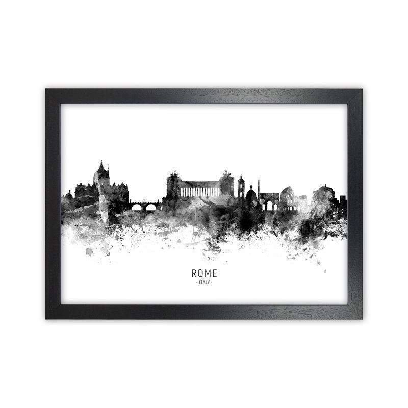 Rome Italy Skyline Black White City Name by Michael Tompsett - Print, 25cm H x 34cm W x 3cm D, Black Framed