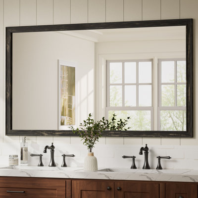 Miroir de salle de bain rectangulaire avec cadre en bois massif, verre trempé
