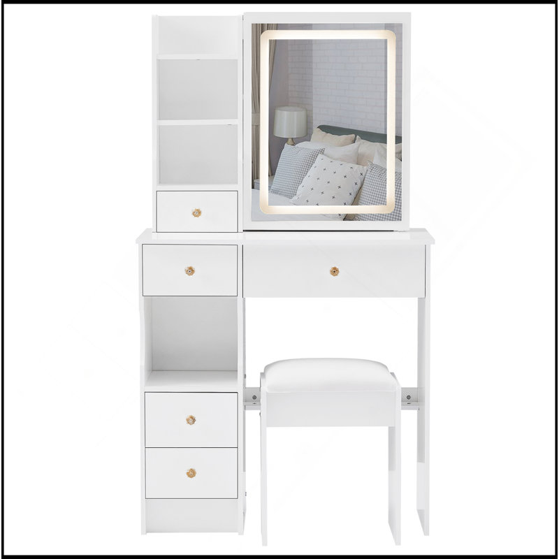 Petit meuble-lavabo de 29,2 po avec tabouret de bureau et tabouret rembourré à gauche 29,5 po, grande commande tactile, interrupteur tricolore, miroir à luminosité réglable, rangement à grande capacité, convient aux petits espaces