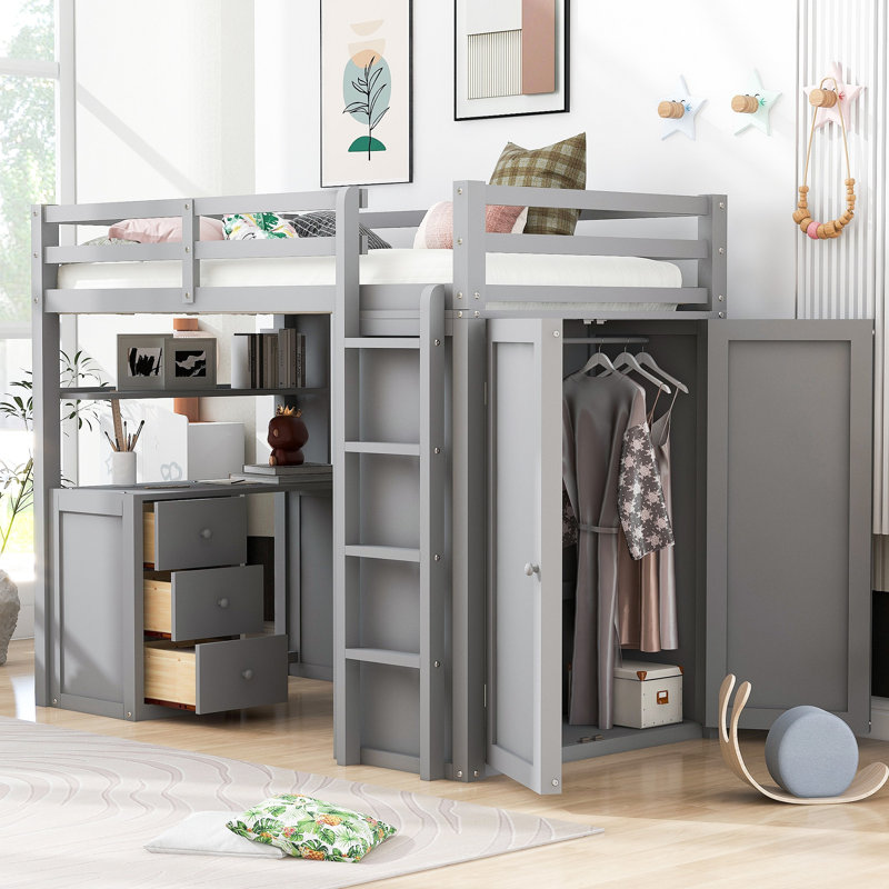 Lit mezzanine avec tiroirs, bureau et garde-robe, Gris