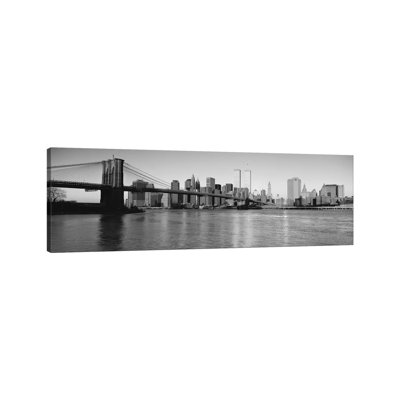 New York Panoramic Skyline Cityscape (Black & White - Evening) - Wrapped Canvas Panoramic Print