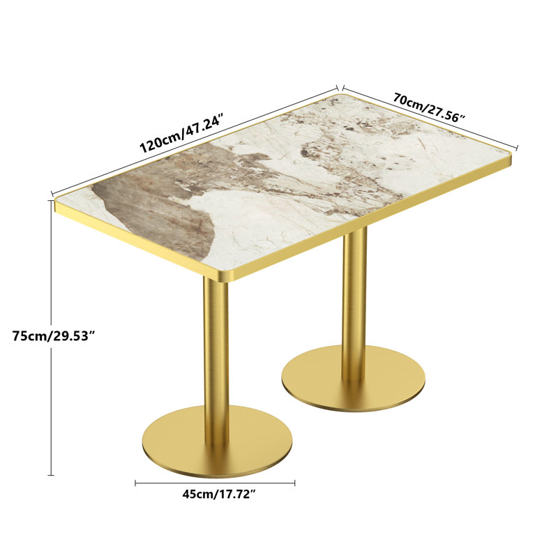 Table de salle à manger rectangulaire 47,24 "en faux marbre blanc moderne, table de bureau rectangulaire avec deux socles en or