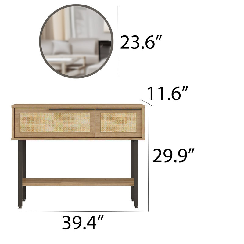 Aurelia 39" Console Table with Matching Round Mirror and Rattan Details