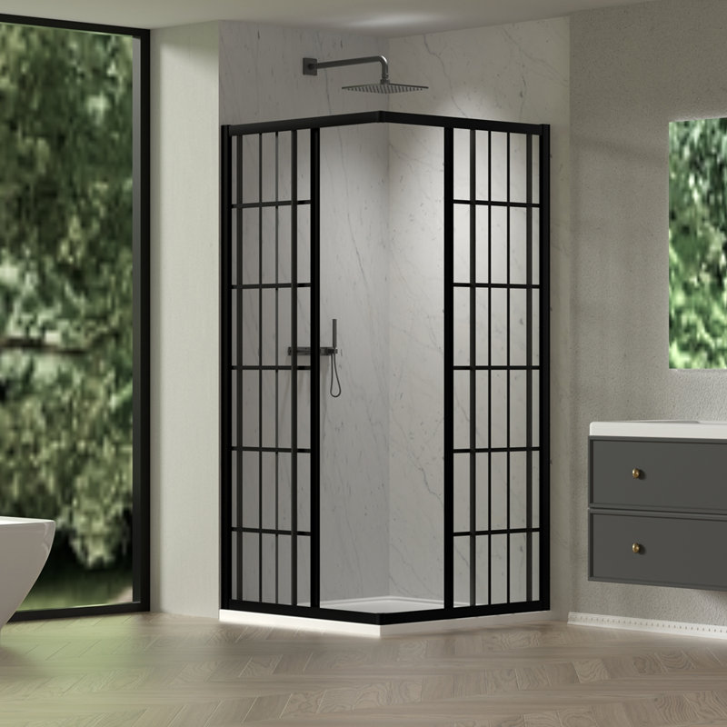 Porte de douche coulissante, avec verre trempé transparent de 1/4 po avec lignes noires, cadre de douche d'angle coulissant 34,625 po x 72 po